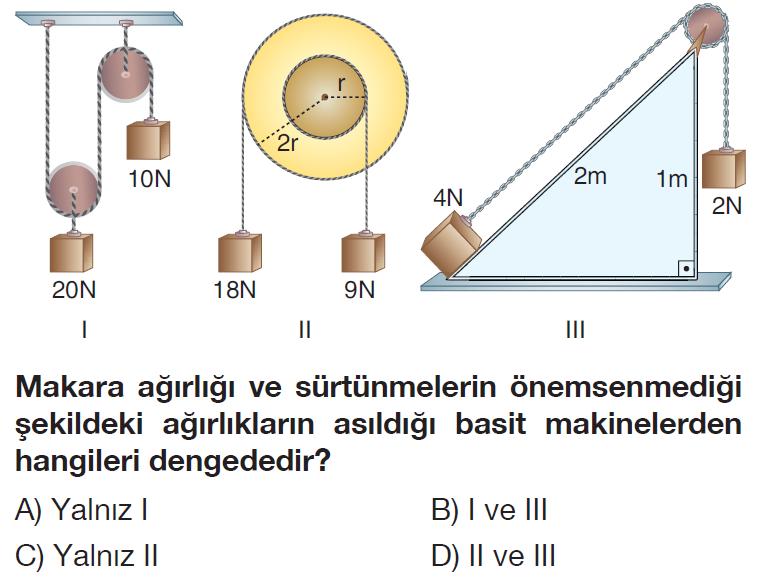 A) B) C) D) 16-14- Ali Öğretmen öğrencileriyle birlikte yanda verilen makaraya bağlı iplerdeki arızasız dinamometrelerle ölçüm yaparken dinamometrelerin gösterdiği değeri 4 Newton