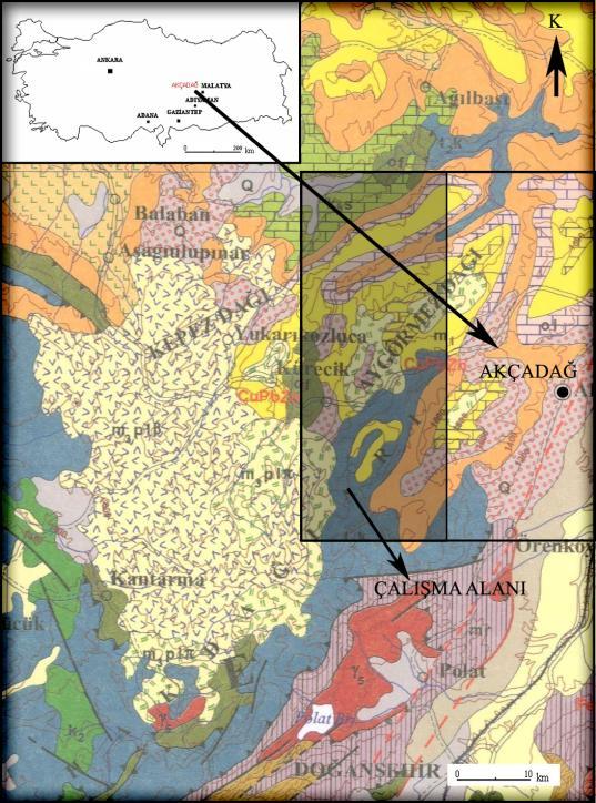 Şekil 1. İnceleme alanının yer bulduru haritası İncelenen alandaki stratigrafik istif Mesozoik, Senozoik ve Kuvaterner yaşlı formasyonlardan oluşmaktadır.