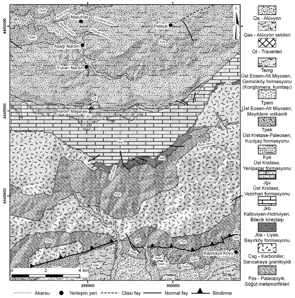 18 Yerbilimleri fiekil 2. Çal flma alan n n jeoloji haritas (Aksay ve Duru, 2002; Gedik ve Aksay, 2002; Soylu 2004 den de ifltirilmifltir). Figure 2.