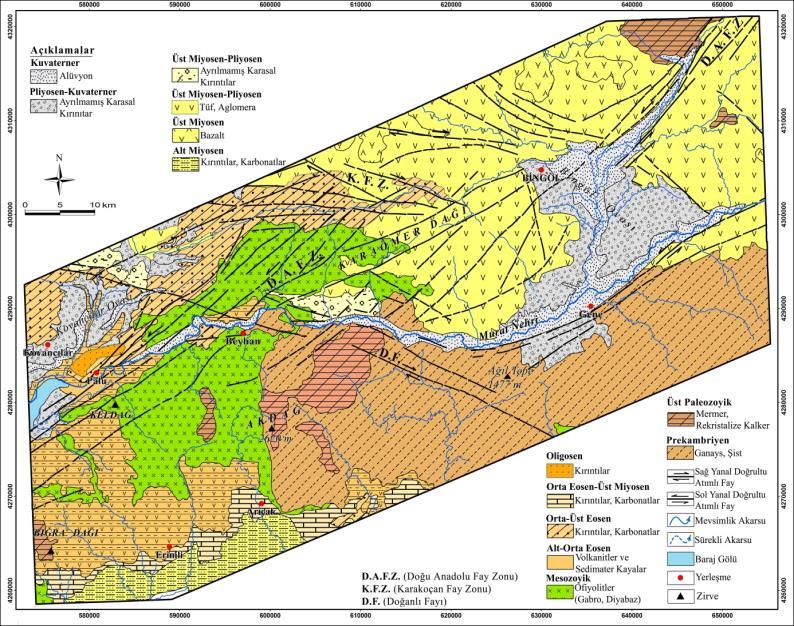 Fırat Üniversitesi Harput Uygulama ve Araştırma Merkezi 301 Şekil 3. Palu ile Bingöl arasında DAFZ içerisinde kalan sahanın jeoloji haritası (MTA nın 1/500.
