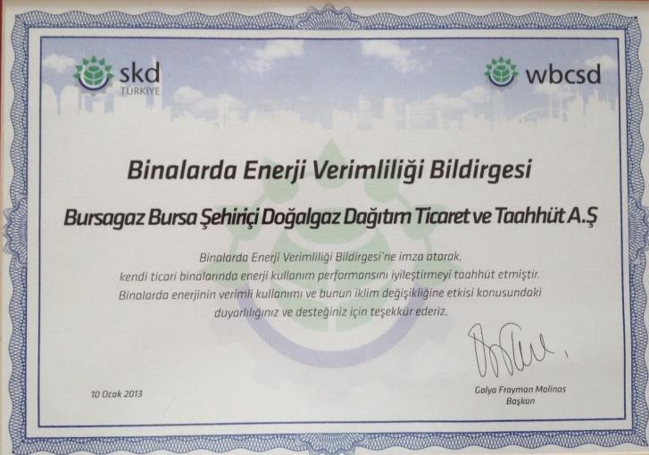 000 ağaç Bursagaz ın 3 yıllık emisyonunu sıfırlamaktadır Binalarda Enerji Verimliliği Bildirgesini İmzalayan İlk Gaz Dağıtım