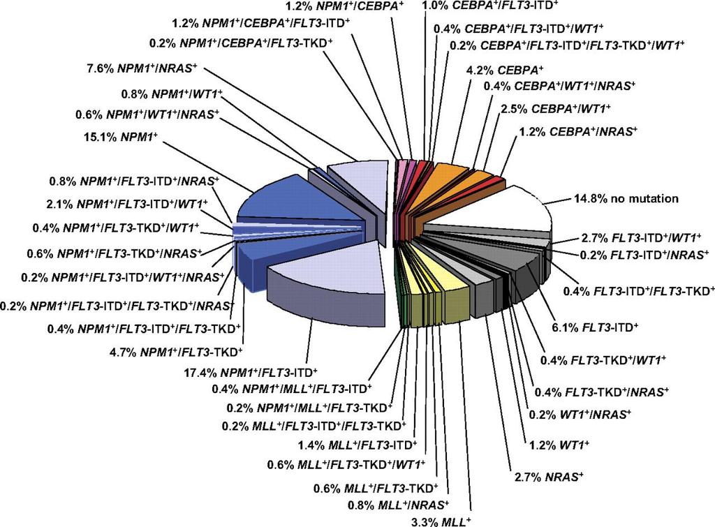 The molecular heterogeneity of cytogenetically normal AML based on mutations in the NPM1, CEBPA, MLL, FLT3 (ITD and TKD mutations