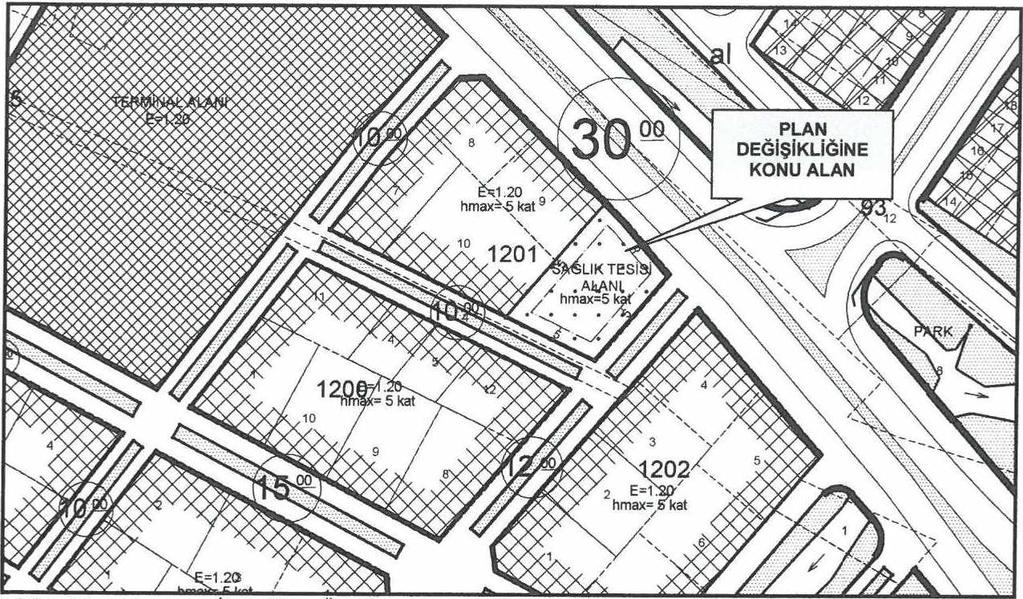 Şekil 3: Meri Uygulama İmar Planı Örneği. Şu an yürürlükte olan revizyon uygulama imar planında parselin 2004 yılında onaylanan özel sağlık tesis alanı kullanım kararının korunduğu görülmektedir. 14.