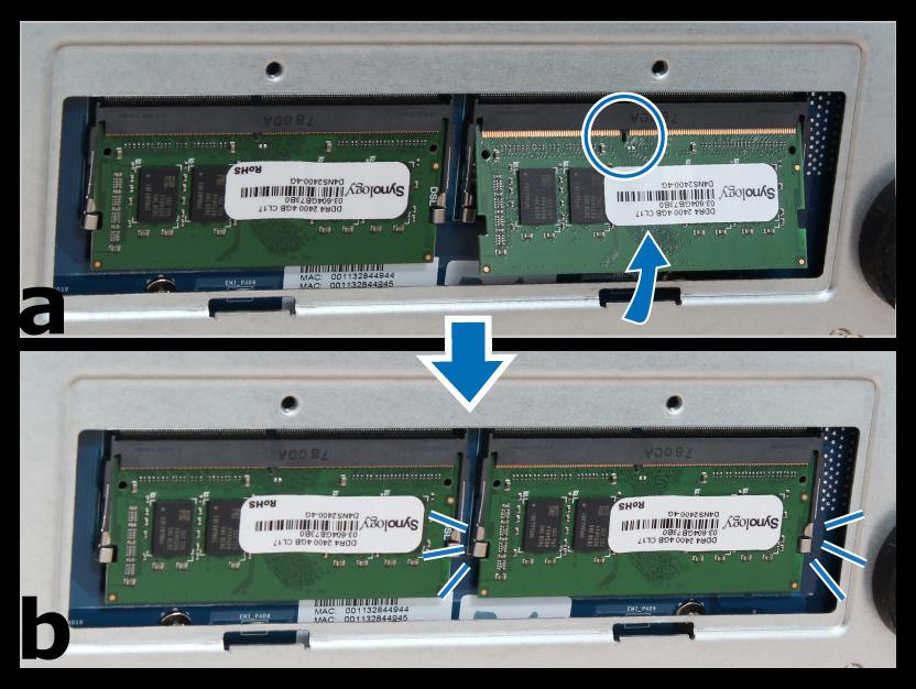 4 Yeni bellek modülünü yuvaya yerleştirin: a Modülün altın kenarındaki çentiği bellek yuvasındaki çentiğe hizalayın. b Kartı yana yatırın ve modülü yuvanın içine yerleştirin.