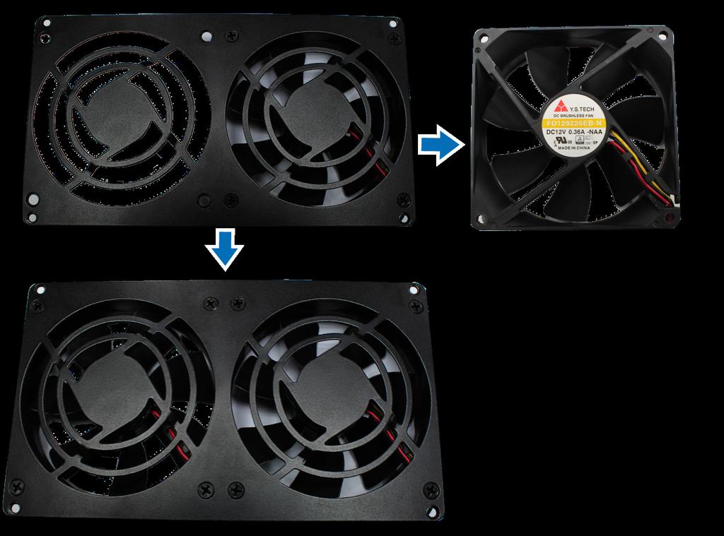 5 Yeni fanı takın: a Arızalı fanı sağlam bir tanesiyle değiştirin (fanın içindeki fan kablosu sağ alt köşeye bakacak şekilde) ve
