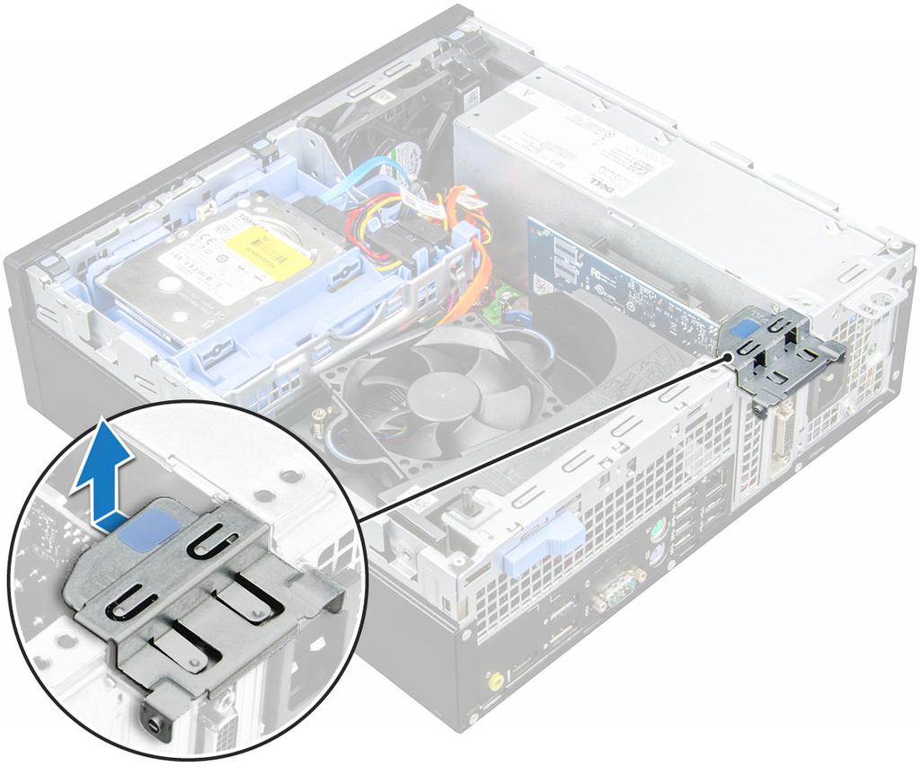 4 PCIe genişletme kartını çıkarmak için: a PCIe genişletme kartını açmak için serbest bırakma mandalını çekin [1].