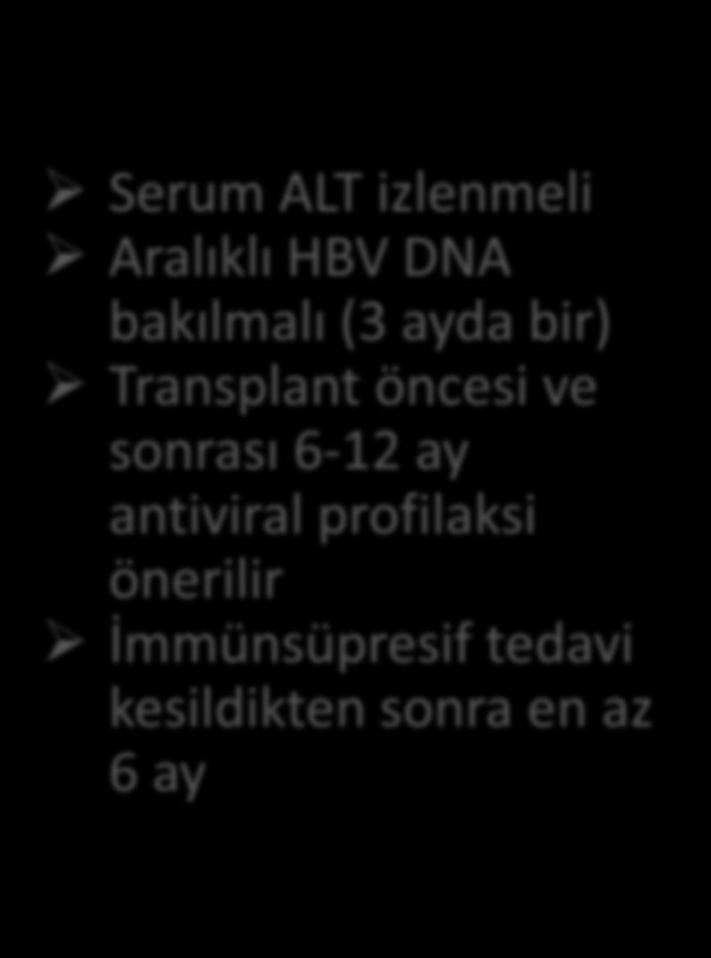 Hepatit B Virüsü - HBV Hepatit B taşıyıcı hasta Hepatit B (-) donör KT / hazırlama rejimi sırasında reaktivasyon riski düşük GVHH için uzamış prednizon tedavisi söz konusu ise reaktivasyon