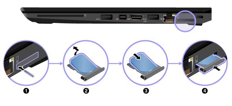 4. Düzelttiğiniz bir ataşın ucunu mikro SIM kart tepsisinin 1 deliğine yerleştirin. Tepsi açılır. Ardından tepsiyi bilgisayardan dışarı doğru çekin.