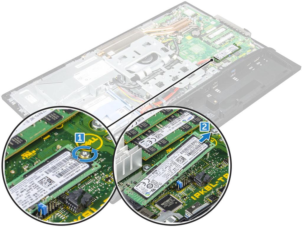SSD kartını takma 1 SSD kartını konektöre takın. 2 SSD kartını sistem kartına sabitleyen vidayı sıkın.