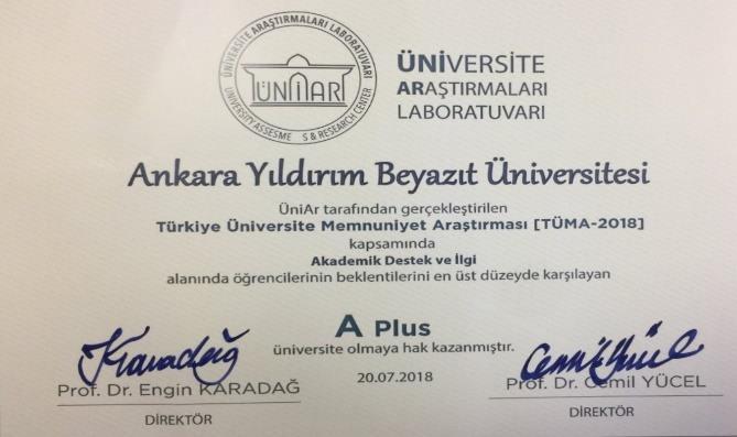 ÜNİAR'a Göre Üniversitemiz Akademik Destek ve İlgi Kategorisinde İlk 15'te Yer Aldı Üniversite Araştırmaları Laboratuvarı'nın 2018 Türkiye