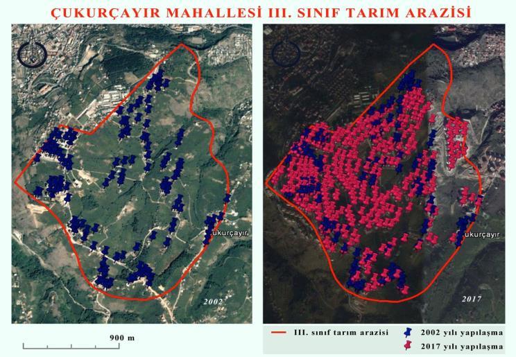 Ortahisar ilçesi Çukurçayır Mahallesi nde yer alan tarıma elverişli bir diğer III. sınıf toprağa sahip araziler için 2002 ve 2017 yıllarına ait uydu görüntüleri değerlendirilmiştir.