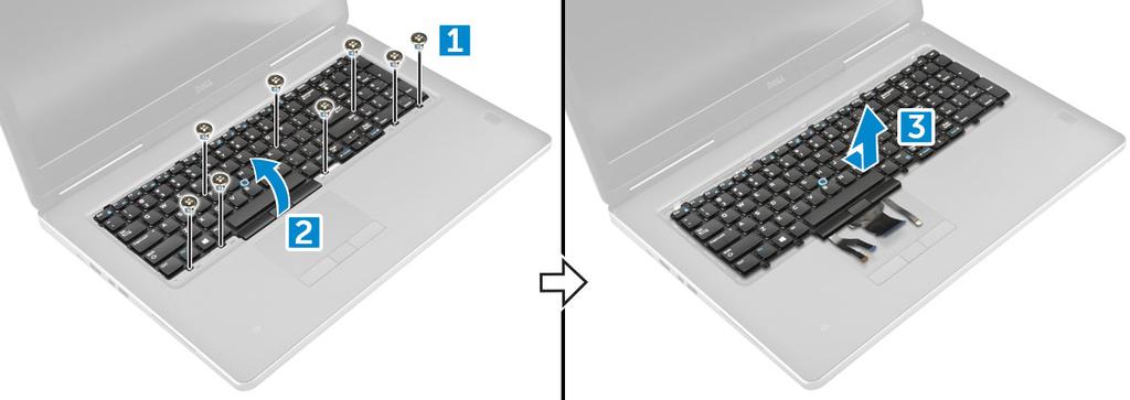 b Klavyeyi kaldırın ve kaydırarak bilgisayardan çıkarın [2, 3]. Klavyeyi Takma 1 Klavyeyi hizalayın ve kabloları bölmenin altından geri geçirin. 2 Klavyeye bastırıp bölmesine hizalayın.