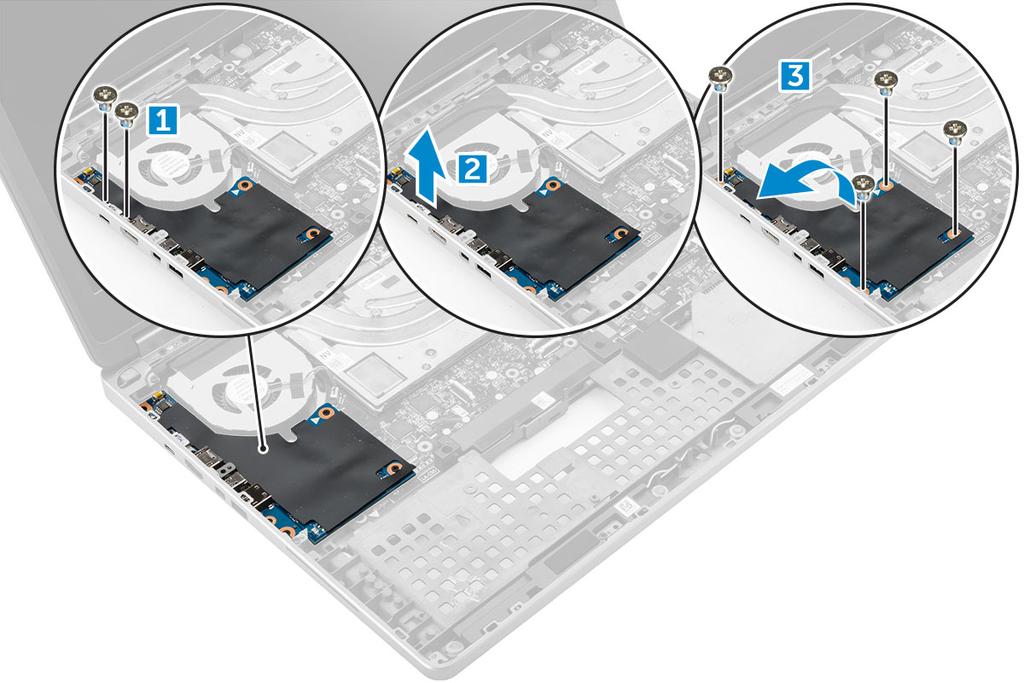 3 G/Ç kartını çıkarmak için: a Thunderbolt desteğini bilgisayara [1] sabitleyen M2,5x5,0 vidaları sökün. b Desteği thunderbolt konektöründen çıkarın [2]. c G/Ç kartını bilgisayara sabitleyen M2.5x5.0 vidalarını sökün [3].