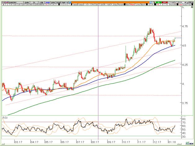 VİOP EURTRY Şubat Kontratı VİOP EURUSD Şubat Kontratı VİOP XAUUSD Şubat Kontratı Aşağı yönlü trend direncini de aşan parite 4,56 seviyesini yeni destek yapmış durumda.