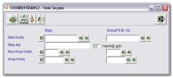 Referans verilecek stok kodları seçilerek Stok Müşteri Referans Tanımı penceresine yüklenir. Stok aralığı, grup kodları ya da isme göre seçim yapılabilir.