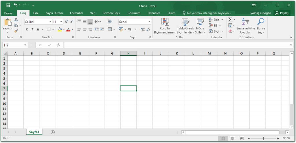 Excel Penceresi Hızlı erişim araç çubuğu Sekmeler Göster Gruplar Hücre adresi Formül çubuğu Komut düğmesi Hücre Sütun isimleri Satır