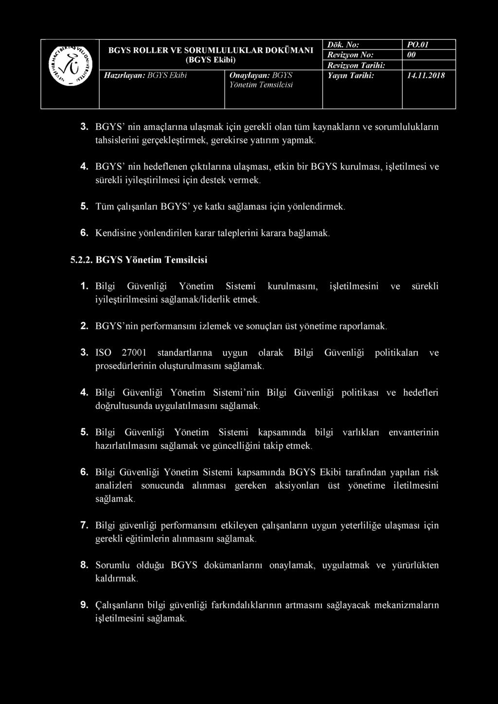 3. BGYS' nin amaçlarına ulaşmak için gerekli olan tüm kaynakların ve sorumlulukların tahsislerini gerçekleştirmek, gerekirse yatırım yapmak. 4.