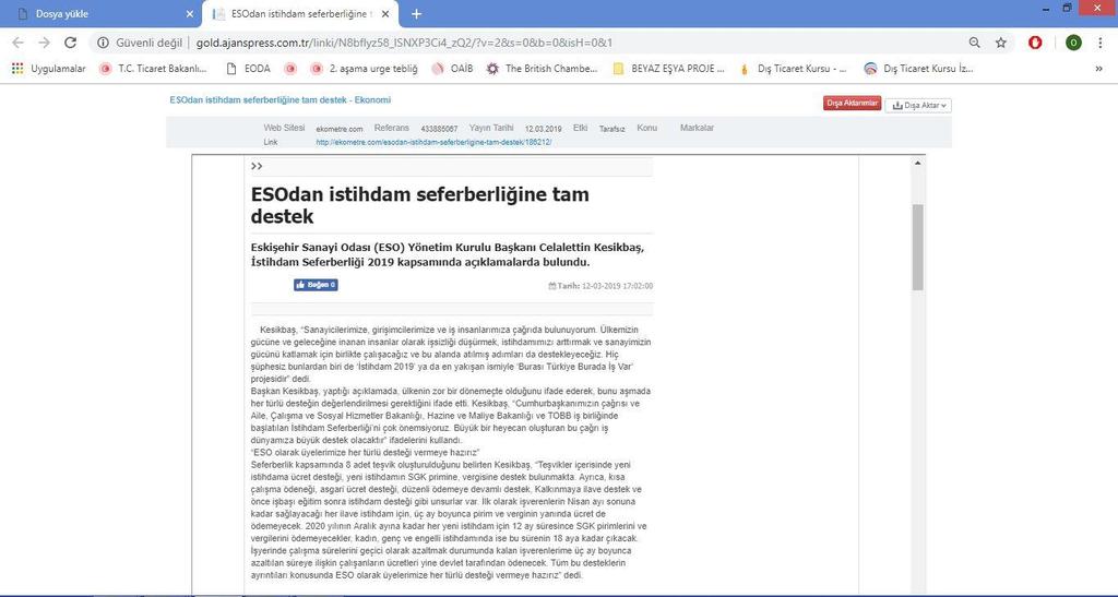 Dijital Medya Tanıtım Duyuruları Eskişehir Sanayi Odası, yerli basılı ve dijital medyanın yanı sıra ulusal basında da yaptığı işlerle ve etkinliklerle ismini sıkça duyurmaktadır.