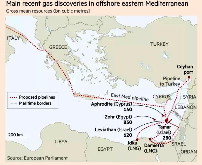 Doğu Akdeniz de Doğal Gaz Keşifleri ve Olası Boru Hattı Güzergahları Doğu Akdeniz gazının alternatif olarak Türkiye üzerinden Avrupa ya taşınması durumunda; sahalardan Türkiye nin güney sahiline
