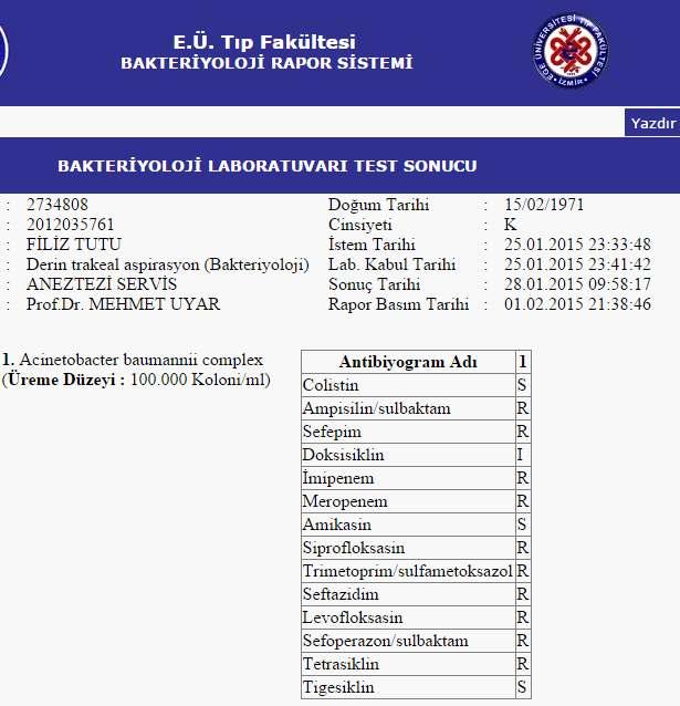 6. gün DTA: Acinetobacter spp. CRP 29.4, Prokalsitonin 11.