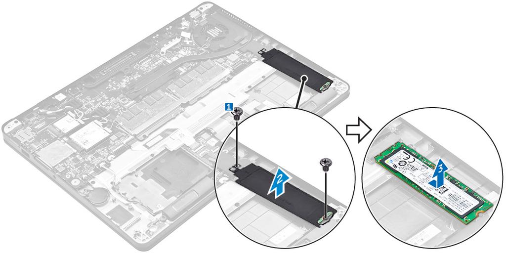 İsteğe bağlı PCIe SSD kartını takma 1 SSD'yi sistem kartındaki konektöre takın. 2 SSD braketini bilgisayara yerleştirin ve bilgisayara sabitlemek için vidaları sıkın.