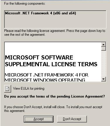 NET Framework 4 ün otomatik olarak kurulmasına izin vermek için Kabul Et seçeneğini seçin Adım 4: Microsoft SQL
