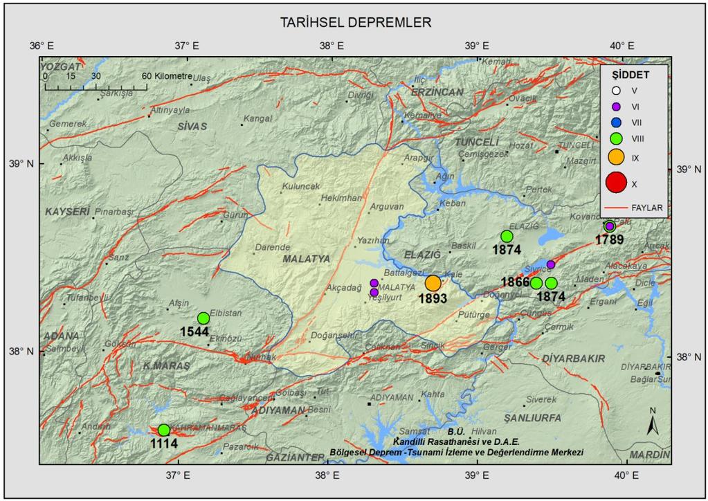 Tarihsel dönemde (M.Ö. 1800-M.S. 1900; Soysal ve diğ., 1981) bölgede Doğu Anadolu Fay Zonu nun geçtiği hat boyunca şiddet değeri I o =IX olan 1893 depremi meydana gelmiştir.