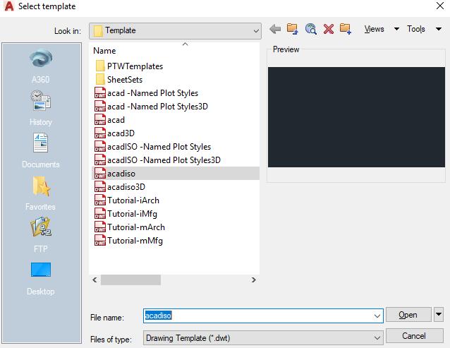 Boş dosya açma: Standart araç çubuğu üzerinde ya da CTRL+N ile yeni dosya açılabilir. Acad.iso.dwt şablon dosyadır.