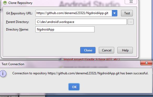 5.Adım Kopyaladığınız adresi Android Studio ana menüsündeki Check Out Version Control sekmesinden Git ( git hub değil) sekmesine tıklayın. Çıkan menüdeki URL kısmına yapıştırın.