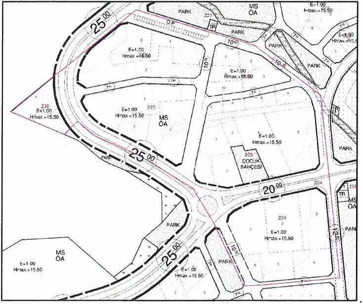 Konut alanları için E: 1.00 hmax: 15.50 olmak üzere kullanım kararı getirilmiştir.