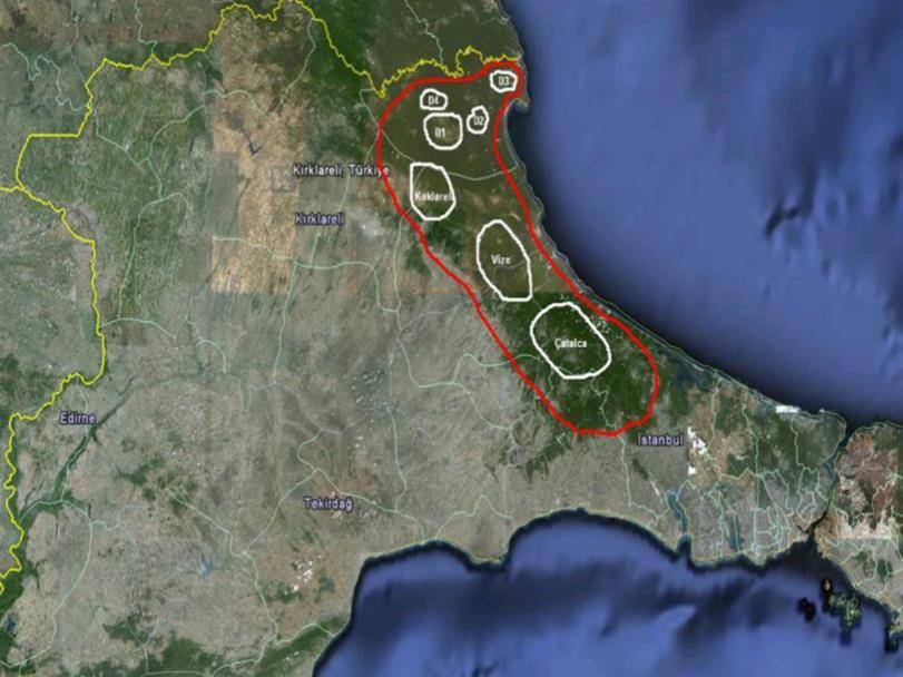 (yükseklik farkı) hem Karadeniz e hem de İç Trakya ya bakan alanların olması gibi sebeplerden daha yoğun örneklemeyi gerektirmiştir. Bu alan 4 ayrı bölgeye ayrılarak incelenmiştir (Şekil / Figure 1).