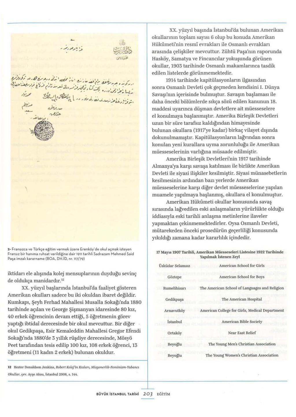 ~)). ~~ XX. yüzyıl başında istanbul'da bulunan Amerikan okullarının toplam sayısı 6 olup bu konuda Amerikan Hükfuneti'nin resmi evrakları ile Osmanlı evrakları arasında çelişkiler mevcuttur.