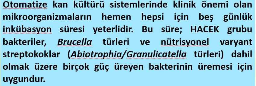 Üreme Yok Eş zamanlı alınan 2 set kan kültüründe 5 günlük inkübasyon süresinin sonunda üreme olmamıştır.