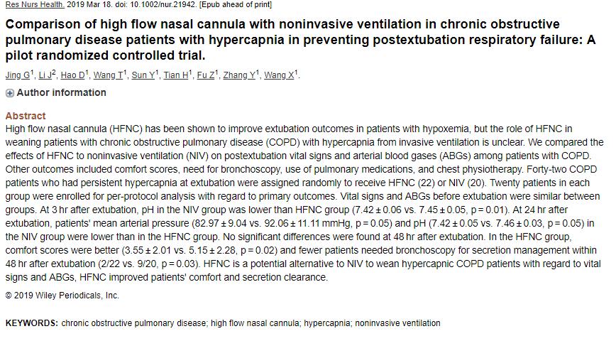 2019 Kronik obstrüktif akciğer hastalığı olan Weaning sonrası dirençli hiperkapni 42 hastada HFNT ile NİMV karşılaştırılmış HFNT (n=22) ve NİMV (n=20) HFNT ile sekresyonların