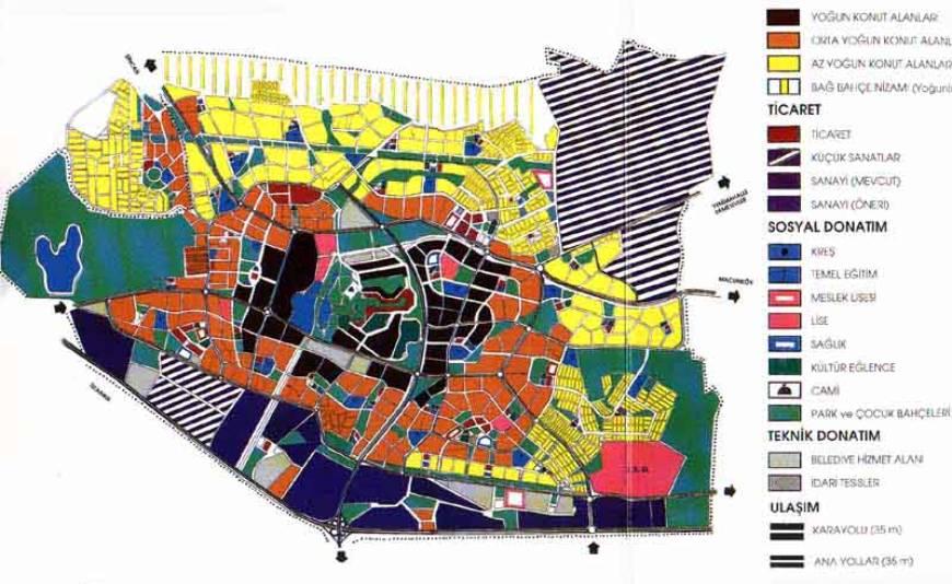 25 Ölçme Bilgisinde Kullanılan Teknik Terimler Nazım imar planı: Mevcut durumu gösteren planlar üzerine çizilen, şehrin daha ilerideki yıllarda mesken, sanayi bölgeleri, yeşil alanlar, pazar yerleri
