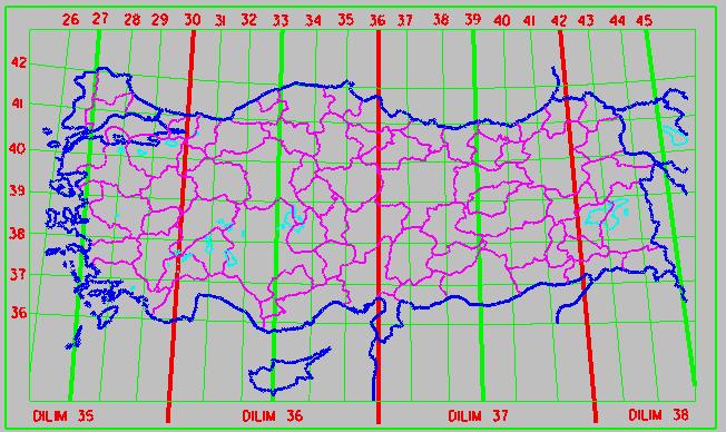 KOMŞU PROJEKSİYON DİLİMLERİ ARASINDA KOORDİNAT DÖNÜŞÜMÜ Gauss-Krüger projeksiyonunun uygulamasında projeksiyondan kaynaklanan deformasyonları sınırlı büyüklüklerde tutmak amacıyla, projeksiyon orta