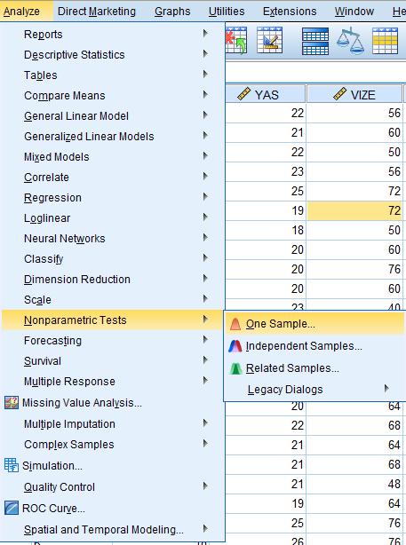 SPSS yan taraftaki sekmelere tıklayarak Wilcoxon