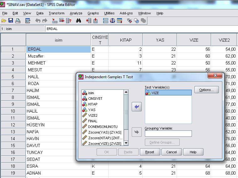 Diyelim ki VİZE değişkeni için kız ve erek öğrenciler arasında anlamlı bir fark