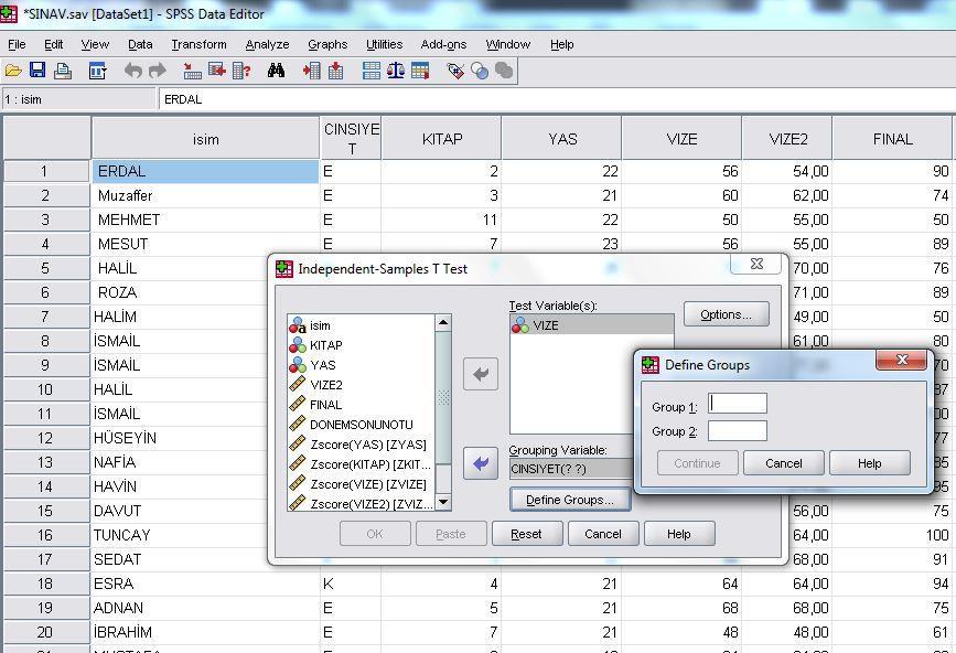 Grup değişkenini ekledikten sonra en önemli nokta gruplamayı nasıl yaptığımızı SPSS e tanımlamak.