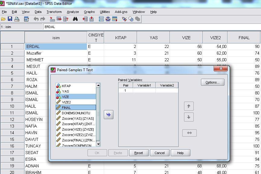 Paired samples T testini tıkladığımı