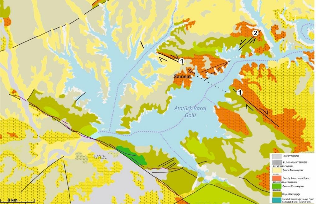 Şekil 2. Samsat (Adıyaman) ve civarındaki jeolojik birimler ve bu çalışma ile haritalanan ve türleri belirlenen 1 ve 2 no lu doğrultu atımlı faylar (Karadoğan ve Tonbul, 2013; MTA,2018).