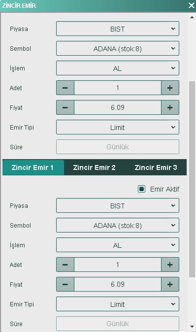 7. Zincir Emir 7.1 Genel Zincir Emir Bulunduğu İşlem Platformu: AktifTrader Web/Mobil Özel Emirler Menüsü Zincir emir, emirleriniz arasında ilişki kurmanızı sağlar.