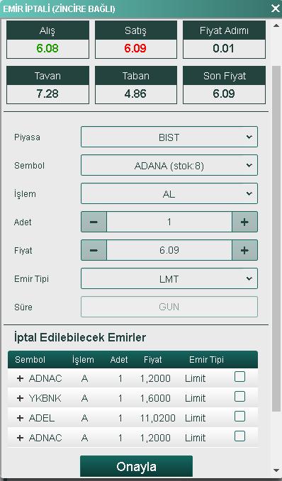 7.3 Zincire Bağlı Emir İptali Bulunduğu İşlem Platformları: AktifTrader Web/Mobil Özel Emirler Menüsü Borsada bekleyen emirlerinizden seçtikleriniz,