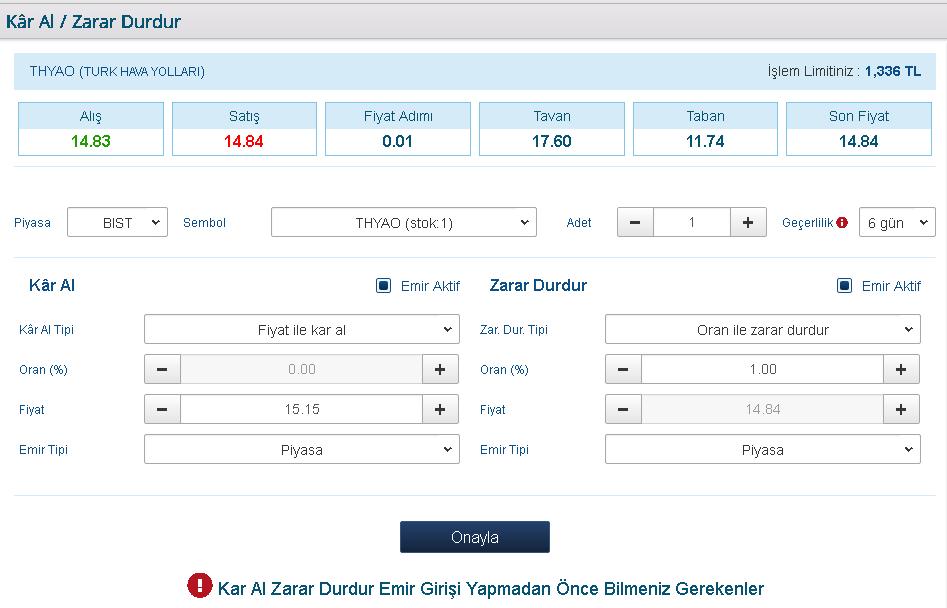 Emirlerinizi PKP (Piyasa Kalanı Pasife Yaz) olarak da gönderebilirsiniz. Bu durumda emrinizin piyasa fiyatından gerçekleşmeyen miktarı, gerçekleşen kısım ile aynı fiyattan pasife yazılacaktır.