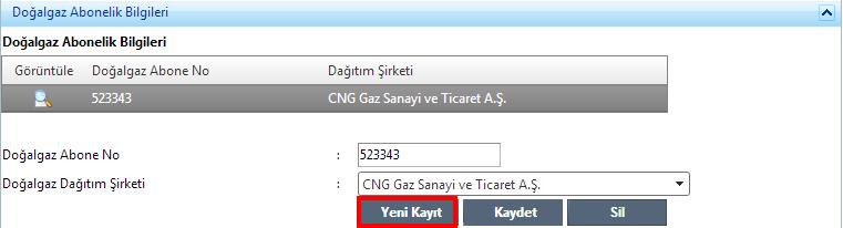 Sayfa : 13/36 Firma kendine uygun bir şekilde Şekil 22 daki alanları doldurarak doğalgaz abonelik bilgileri Yeni Kayıt butonuna tıklayarak işlemini tamamlayabilir.