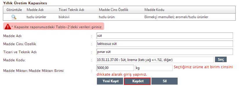 Sayfa : 21/36 Firma kendine uygun bir şekilde Şekil 36 deki alanları doldurarak yıllık üretim kapasitesi bilgilerini Kaydet butonuna tıklayarak işlemini tamamlayabilir.