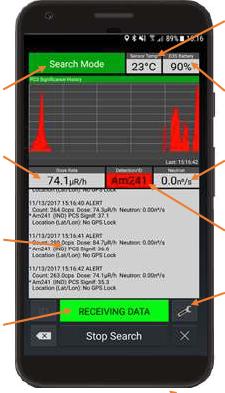 Arama modu DETEKTÖR ISISI 3 saniye süren tarama Gama ve/veya nötron tanımlama Mobil telefon bildirir ve titreşir Durum ve uyarılar (görüntülü ve sesli) Alarm verisi