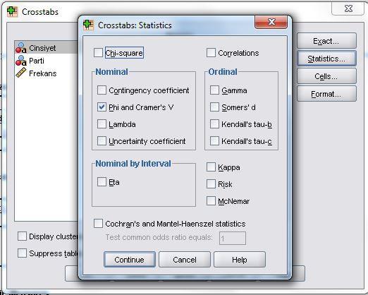 Eğer Etki Büyüklüğü olarak Cramer s V değerini elde etmek istiyorsak ki-kare değerini seçtiğimiz