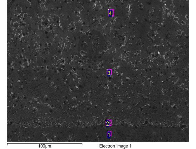 46 S3 numunesindeki Fe 5 C 2, B 4 C, FeB, TiC, sert faz karışımlarının mikroyapı fotoğrafları şekil 6 da, EDS analiz sonuçları tablo 7 de, matriks ve borid tabalarının ara yüzeyindeki S2 nin