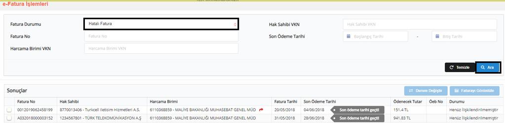 b-öeb ile İlişkilendirilmiş Fatura durum bilgisi ÖEB İle İlişkilendirilmiş seçilip butonuna basılması halinde aşağıdaki ekran gelecektir.